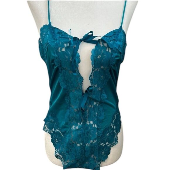 Vintage Alana Gale Intimates Teddy Romper Lace High Cut Nylon Bodysuit Turquoise - Picture 2 of 10